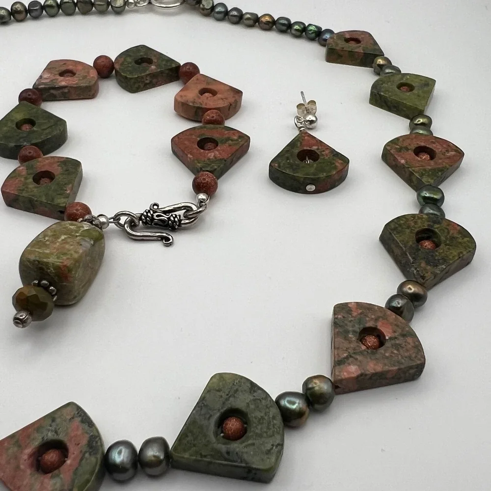Unakite & Goldstone Sterling Silver Jewelry Set – Necklace, Bracelet, Earrings‎